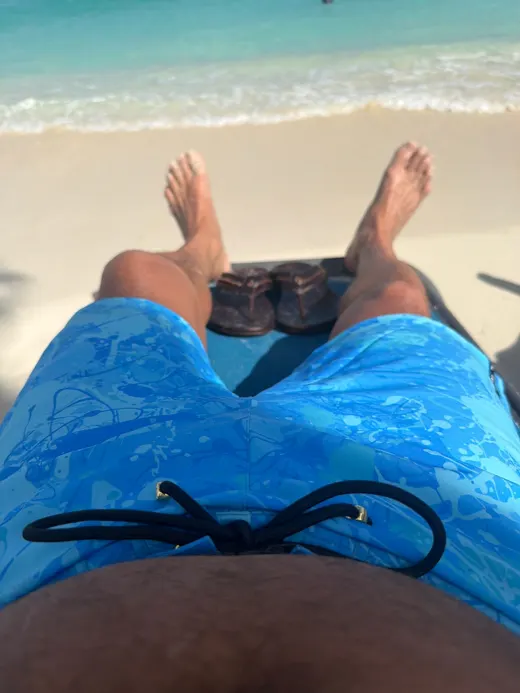 Customer photo from Chris D. review of Splatter Swim Shorts Blue - 5"