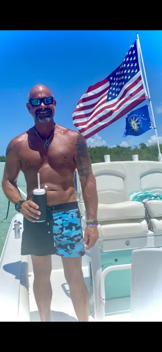 Customer photo from Robert K. review of Split Camo Blue Swim Shorts - 3"