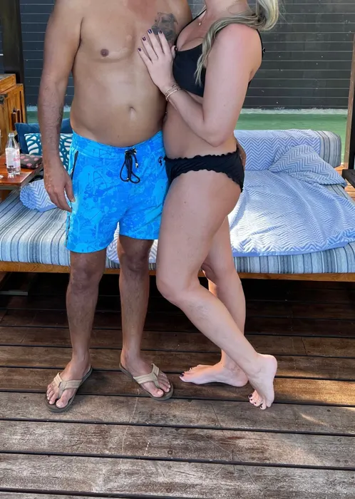 Customer photo from Kaela S. review of Splatter Swim Shorts Blue - 5"